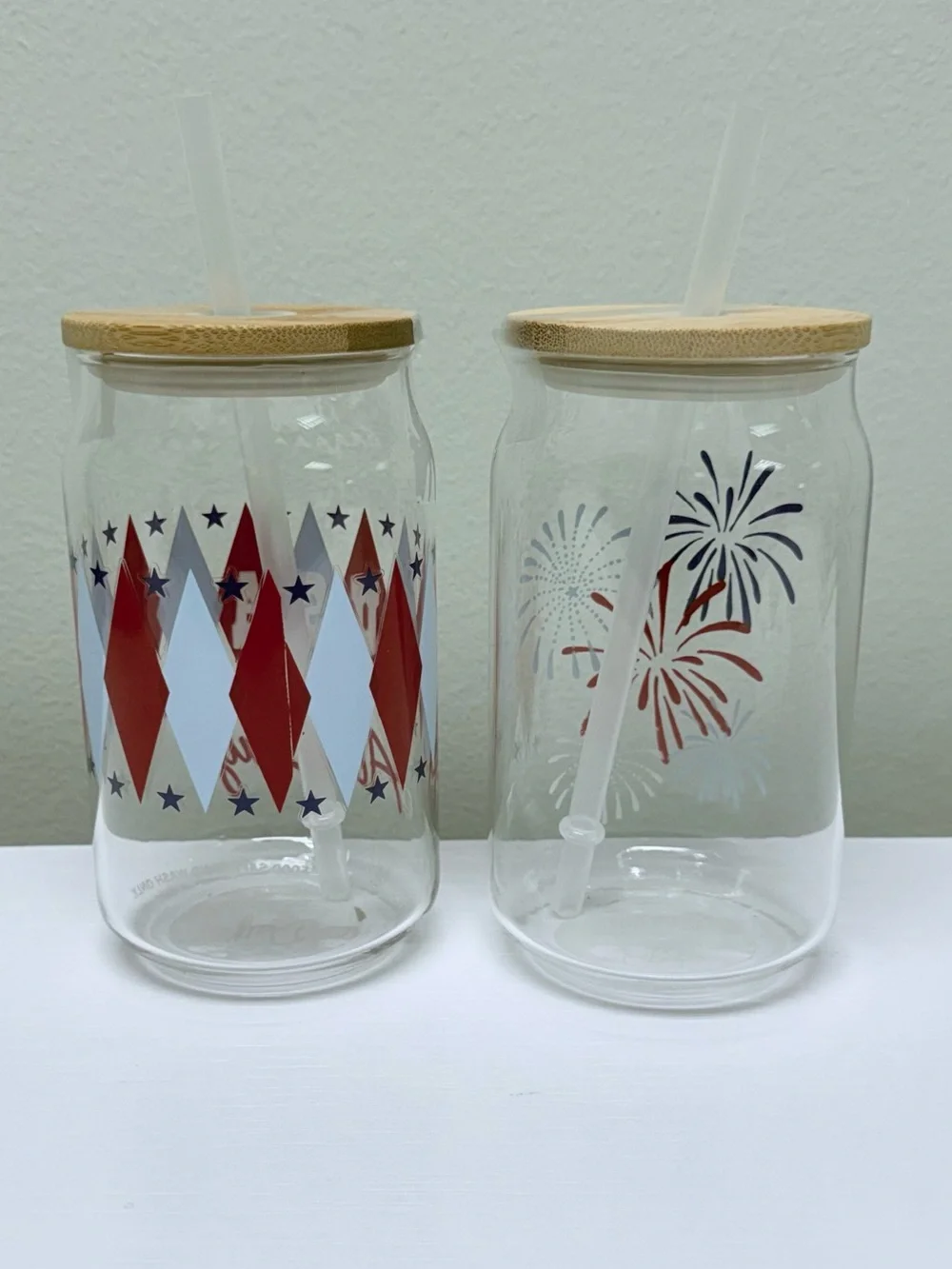 Set of 2 Patriotic Glass Tumblers with Bamboo Lid & Straws- Red White Blue